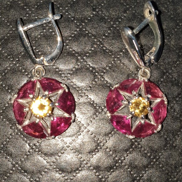 Vintage Genuine Natural Red Spinel & Citrine 925 Sterling Silver Dangle Earrings - Picture 5 of 13
